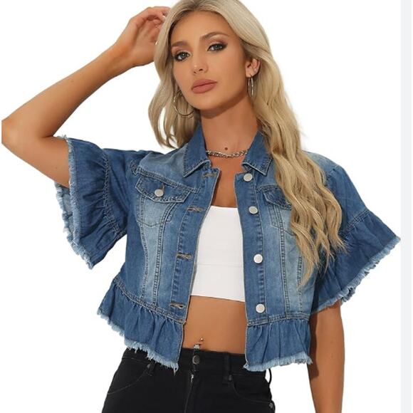 Allegra K Jackets & Blazers - Allegra K Jacket Womens Large Top Layer Lt Wt Denim Cropped Ruffled Jean Frayed